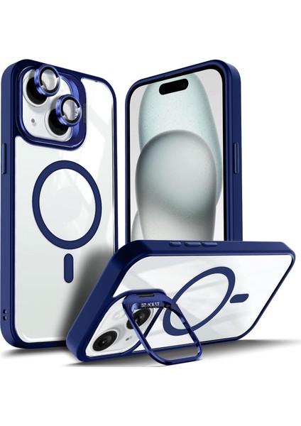 Iphone 13 - 14 Uyumlu Kılıf Standlı Mika Magsafe Hassas Butonlu Metal Tuşlu + Kamera Lens Camı Hediyeli Set