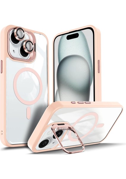 Iphone 13 - 14 Uyumlu Kılıf Standlı Mika Magsafe Hassas Butonlu Metal Tuşlu + Kamera Lens Camı Hediyeli Set