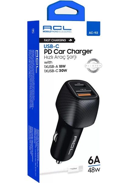 AC92 6A 48W Type-C Pd Premium Oto Şarj Aleti - Hızlı Şarj Özellikli fiyatları