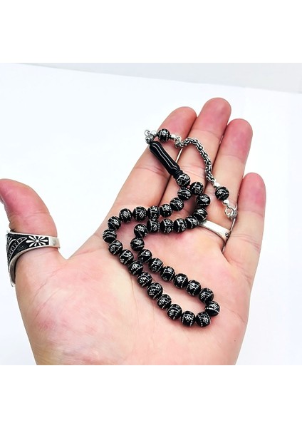 Bilek Boy Gümüş Işlemeli Erzurum Oltu Taşı Tesbih modelleri