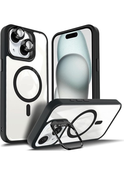 Iphone 15 Kılıf Standlı Mika Magsafe Hassas Butonlu Metal Tuşlu Kapak + Kamera Lens Camı Hediyeli Set