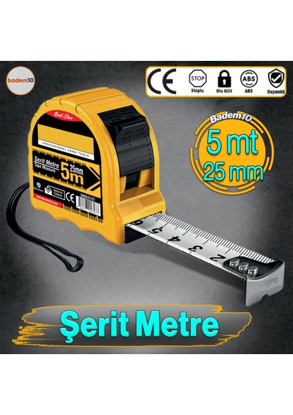 Şantiye Şerit Metre Darbeye Dayanıklı Kilitli 5 Metre x 25 mm Oto Kilitli Mezura Ölçüm Aleti