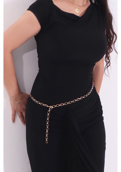 Pınkmark Kadın Gold Siyah Zirkon Taşlı Retro Ayarlanabilir Zincir Kemer PMKM25765