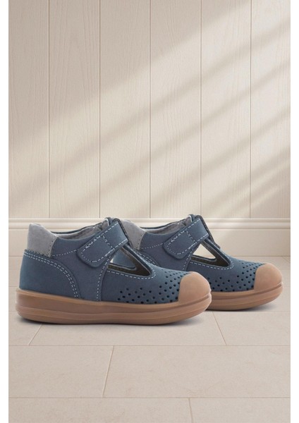 Shaun Hakiki Deri Lacivert Gri Cırtlı Anatomik Bebek Sandalet