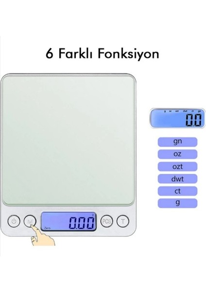 Dijital Hassas Tartı 3 kg Kapasite, 0.1 gr Hassasiyet Hazneli Mutfak ve Kuyumcu Terazisi modelleri