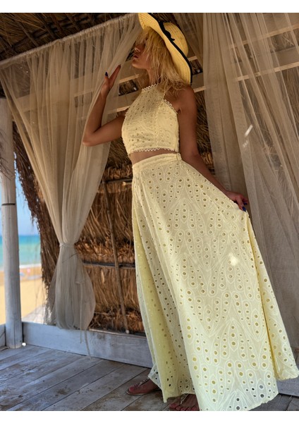 Kadın Sarı Güpür Etekli Takım