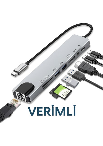 Macbook Pro Air Uyumlu USB Type-C 8 Hub Dönüştürücü Çevirici Çoklayıcı