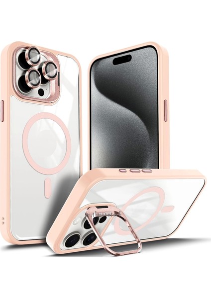 Iphone 15 Pro Kılıf Standlı Mika Magsafe Hassas Butonlu Metal Tuşlu + Kamera Lens Camı Hediyeli Set