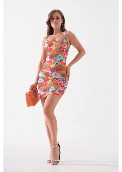 Kadın Ince Askılı Desenli Elbise S8105