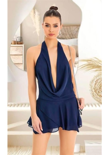 Lacivert Sırt ve Göğüs Dekolteli Fantezi Mini Elbise