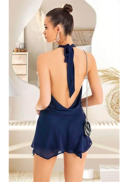 Lacivert Sırt ve Göğüs Dekolteli Fantezi Mini Elbise fiyatları