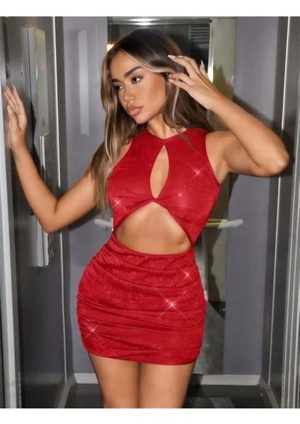 Markano Kırmızı Göğüs Dekolteli Simli Fantezi Mini Club Elbisesi fiyatları