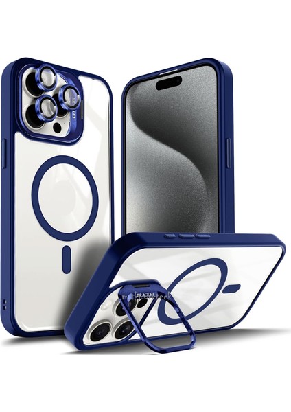 Iphone 15 Pro Kılıf Standlı Mika Magsafe Hassas Butonlu Metal Tuşlu + Kamera Lens Camı Hediyeli Set