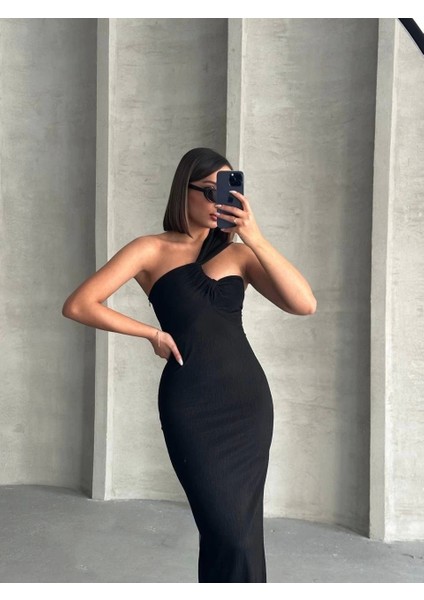 Krinkıl Tek Omuz Uzun Elbise Siyah S25455 modelleri