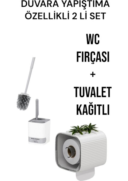2 Li Set-Kendinden Yapışkanlı Tuvalet Kağıdı Wc Kağıt Asacağı ve Banyo Lavabo Wc Temizleme Fırçası