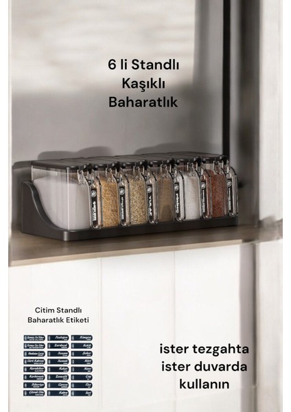 6 Lı Standlı Kendinden Yapışkanlı Kapaklı Kaşıklı Baharatlık Takımı -Etiketli Baharatlık