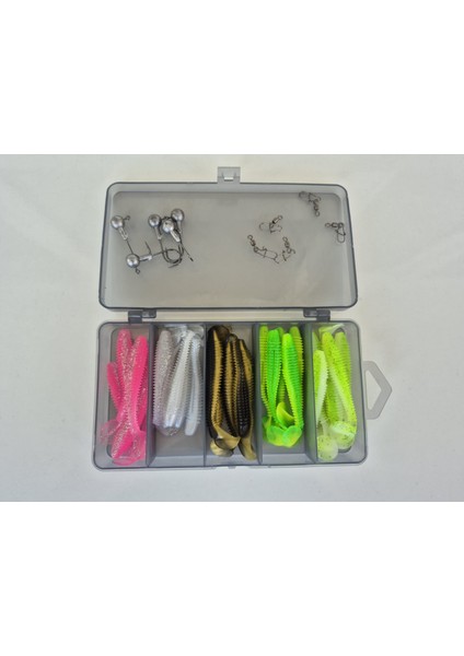 Silikon Yem Takımları(25 Adet 8 cm Silikon, 5 Adet Zoka, 5 Adet Klipsli Firdöndü,bir Adet Saklamakutusu)