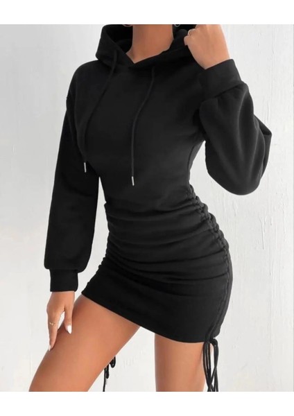 3 Iplik Şardonlu Kompact Kapşonlu Elbise Siyah modelleri