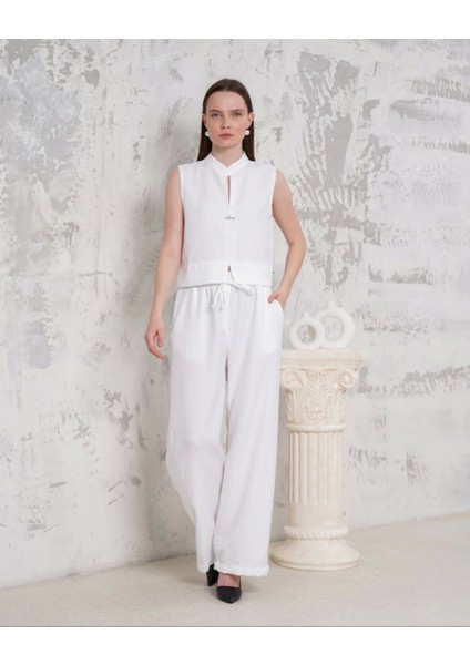 Broşlu Yelek Pantolon Takım Beyaz S255821