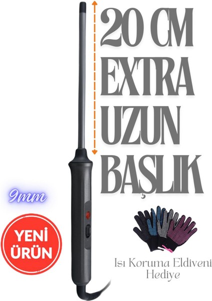 9 mm Kıvırcık Afro Dalga Saç Maşası, Eldivenli, 20 cm Uzun, Şık ve Kullanışlı