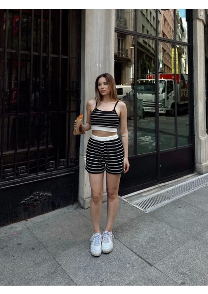 Çizgili Şortlu Takım Siyah S3978 modelleri