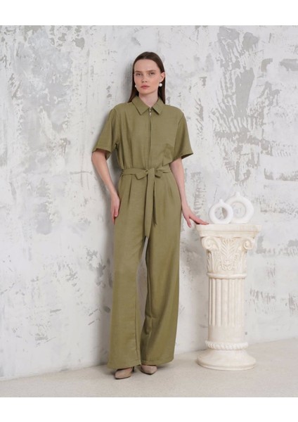 Kuşaklı Gömlek Yaka Salaş Tulum Haki S255822