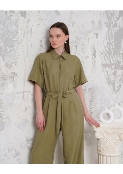 Kuşaklı Gömlek Yaka Salaş Tulum Haki S255822 fiyatları