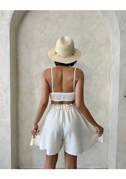 Volanlı Keten Şort Bej S255058 fiyatları