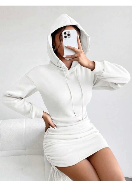 3 Iplik Şardonlu Kompact Kapşonlu Elbise Beyaz modelleri