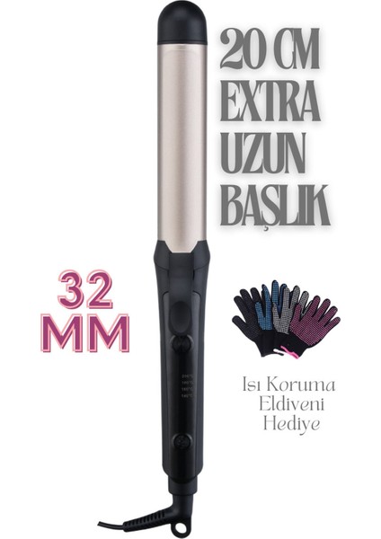 32 mm Seramik Kaplama Xl Saç Maşası, Ayarlanabilir Isı, Eldiven, 20 cm Uzun Başlık