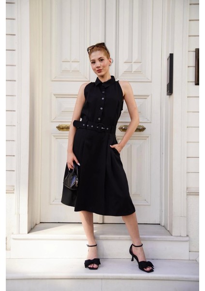 Gömlek Yaka Kemerli Elbise Siyah S255061 fiyatları