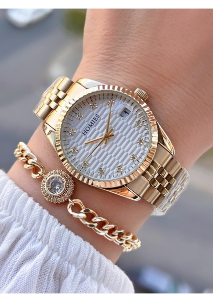 Çelik Kordon 2 Yıl Garantili 30 mt Suya Dayanıklı Kadın Kol Saati+Bileklik HM.23257.1