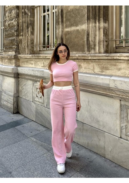 Crop Pantolon Biyeli Takım Pembe
