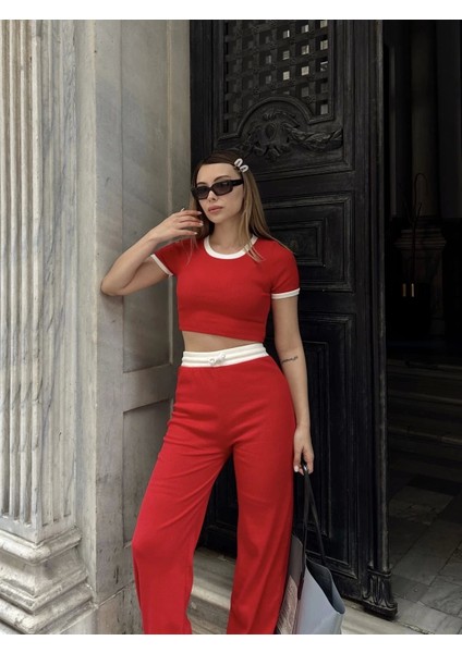Crop Pantolon Biyeli Takım Kırmızı modelleri