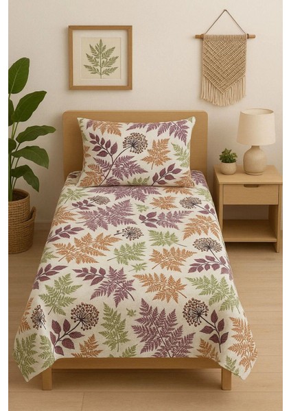 %100 Pamuk Tek Kişilik Pike Seti Morlu Bahar Dalı