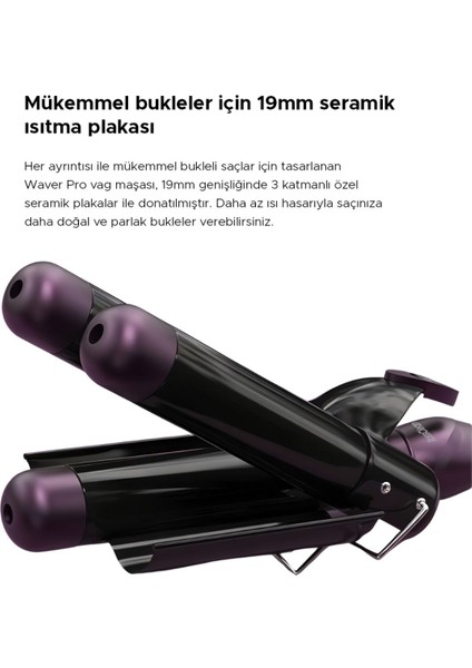 Mor Renkli LED Ekranlı Dalga Formu Saç Maşası, Şık ve Kullanışlı Tasarım