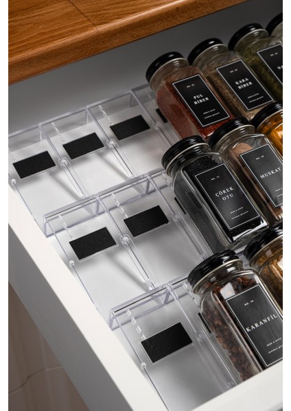 36'lı Şeffaf Lego Standlı Cam Kapaklı Baharatlık Seti Etiket Fırça Huni Hediyeli