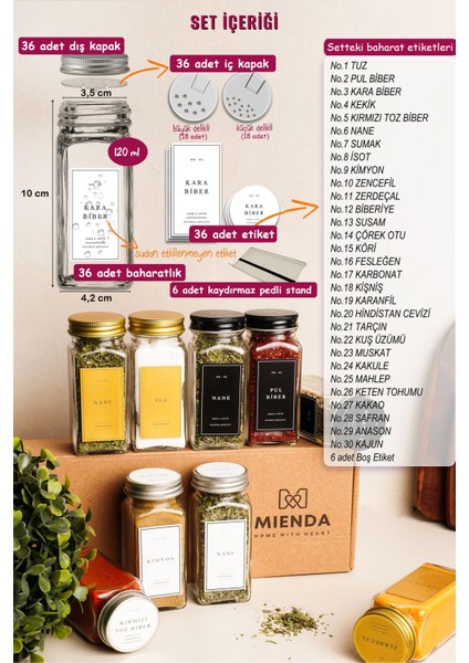 36'lı Şeffaf Pleksi Standlı Cam Kapaklı Baharatlık Seti Etiket Fırça Huni Hediyeli fiyatları