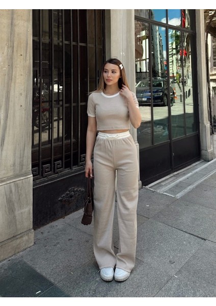 Crop Pantolon Biyeli Takım Bej