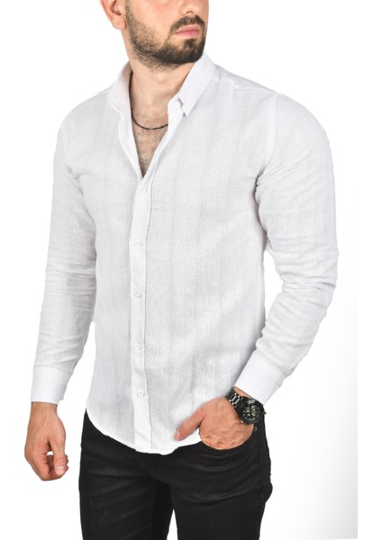 Slim Fit %100 Pamuk Keten Gömlek Dar Kesim Dokulu Keten Gömlek 2501301
