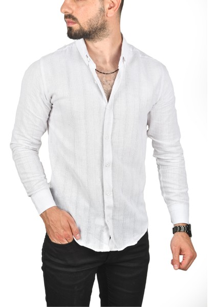 Slim Fit %100 Pamuk Keten Gömlek Dar Kesim Dokulu Keten Gömlek 2501301 fiyatları