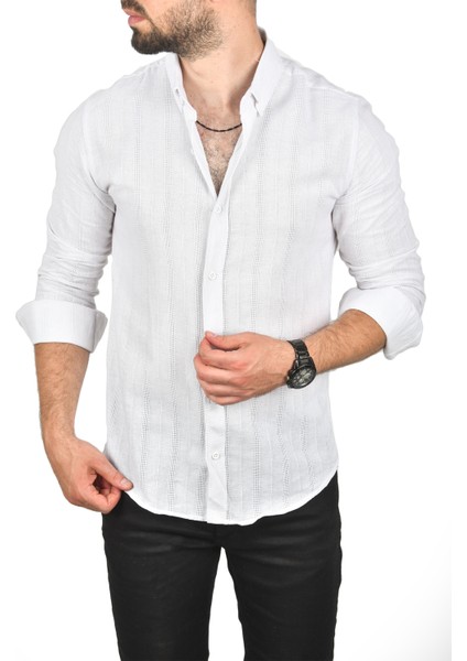 Slim Fit %100 Pamuk Keten Gömlek Dar Kesim Dokulu Keten Gömlek 2501301 indirimleri