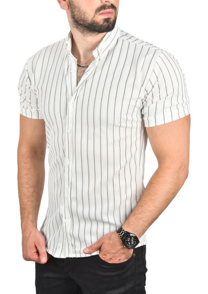 Slim Fit Likralı Spor Gömlek Dar Kesim Çizgili Kısa Kol Gömlek 2501218