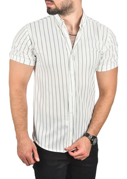Slim Fit Likralı Spor Gömlek Dar Kesim Çizgili Kısa Kol Gömlek 2501218 fiyatları