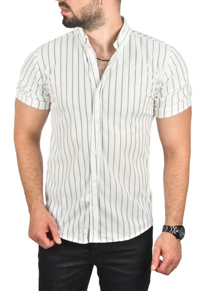 Slim Fit Likralı Spor Gömlek Dar Kesim Çizgili Kısa Kol Gömlek 2501218 fırsatları