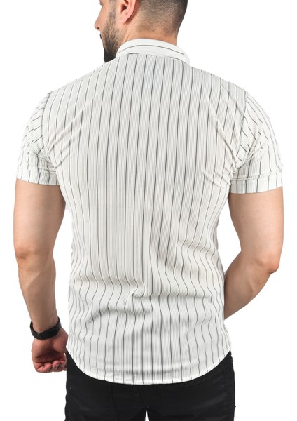 Slim Fit Likralı Spor Gömlek Dar Kesim Çizgili Kısa Kol Gömlek 2501218 indirimleri