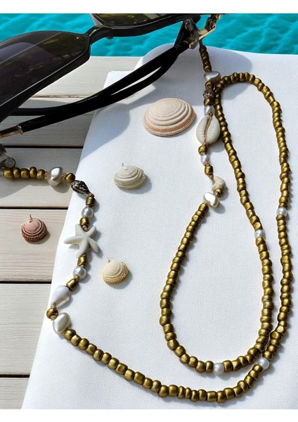 Midye Kabuğu, Deniz Yıldızı ve Inci Detaylı Gold Kum Boncuk Kadın Yazlık Gözlük Ipi