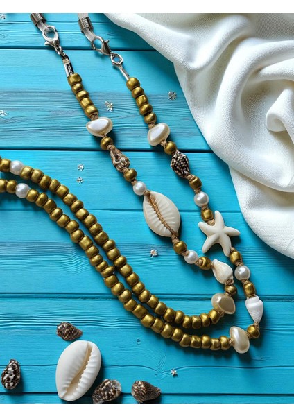 Midye Kabuğu, Deniz Yıldızı ve Inci Detaylı Gold Kum Boncuk Kadın Yazlık Gözlük Ipi fiyatları