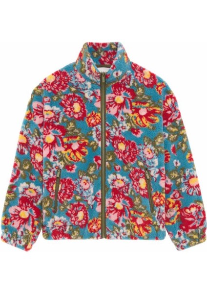 Peony Desenli Mavi Polar Ceket - Yüksek Yaka ve Fermuarlı Ceket