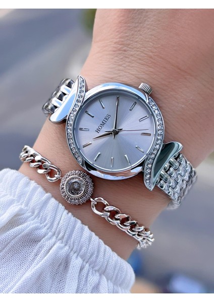 Çelik Kordon 2 Yıl Garantili 30 mt Suya Dayanıklı Kadın Kol Saati+Bileklik HM.B60S01.1
